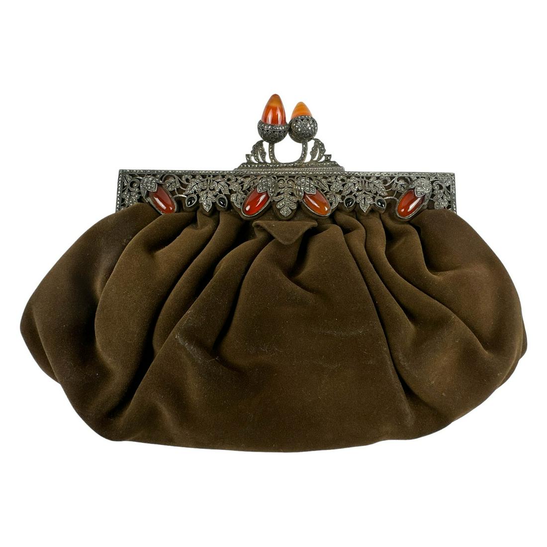 800 Silver Brown Suede Carnelian Clutch Purse Bag (1 of 4)
