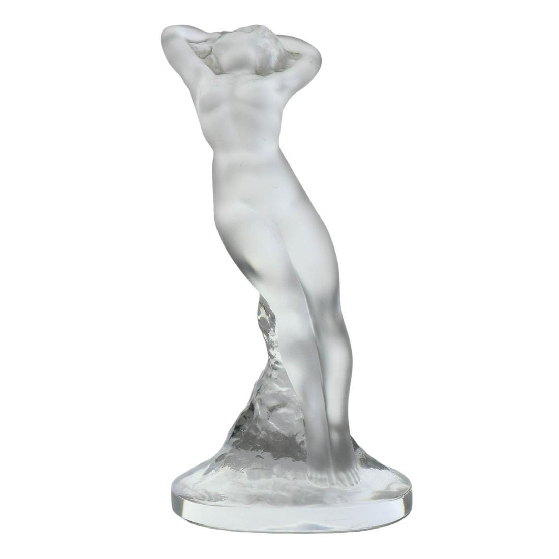 Lalique Frosted Crystal Dans Beige Nude Sculpture: Lalique France French frosted crystal art glass curio cabinet display figural sculpture. Titled Dans Beige. Designer : Marc Lalique. Circa 1960. Features a slender nude female with arms above her head