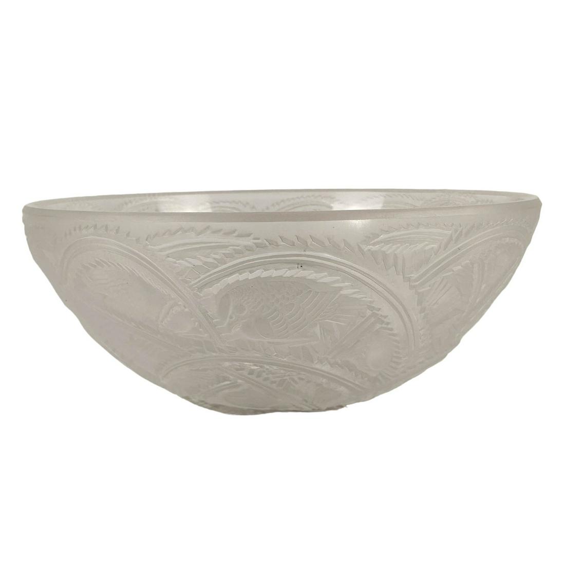 Lalique Frosted Crystal Pinsons Finch Bird 9" Bowl: introduced in 1933 by Rene Lalique. Exterior decorated with an intricate sculpted relief featuring a series of finches nestled among arched overlapping leaves with serrated edges. Signed with engraved