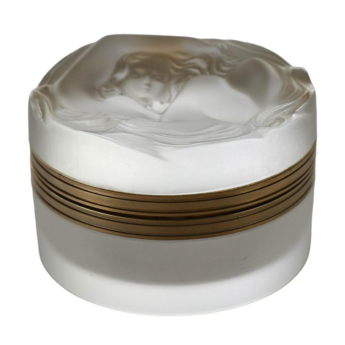 Lalique Frosted Crystal Daphne Art Deco Powder Box: 20th century France France frosted crystal vanity dresser bathroom box. Titled : Daphne. Modeled with a strong Art Deco influence and features a raised nude female on the lid, with long locks of hair 