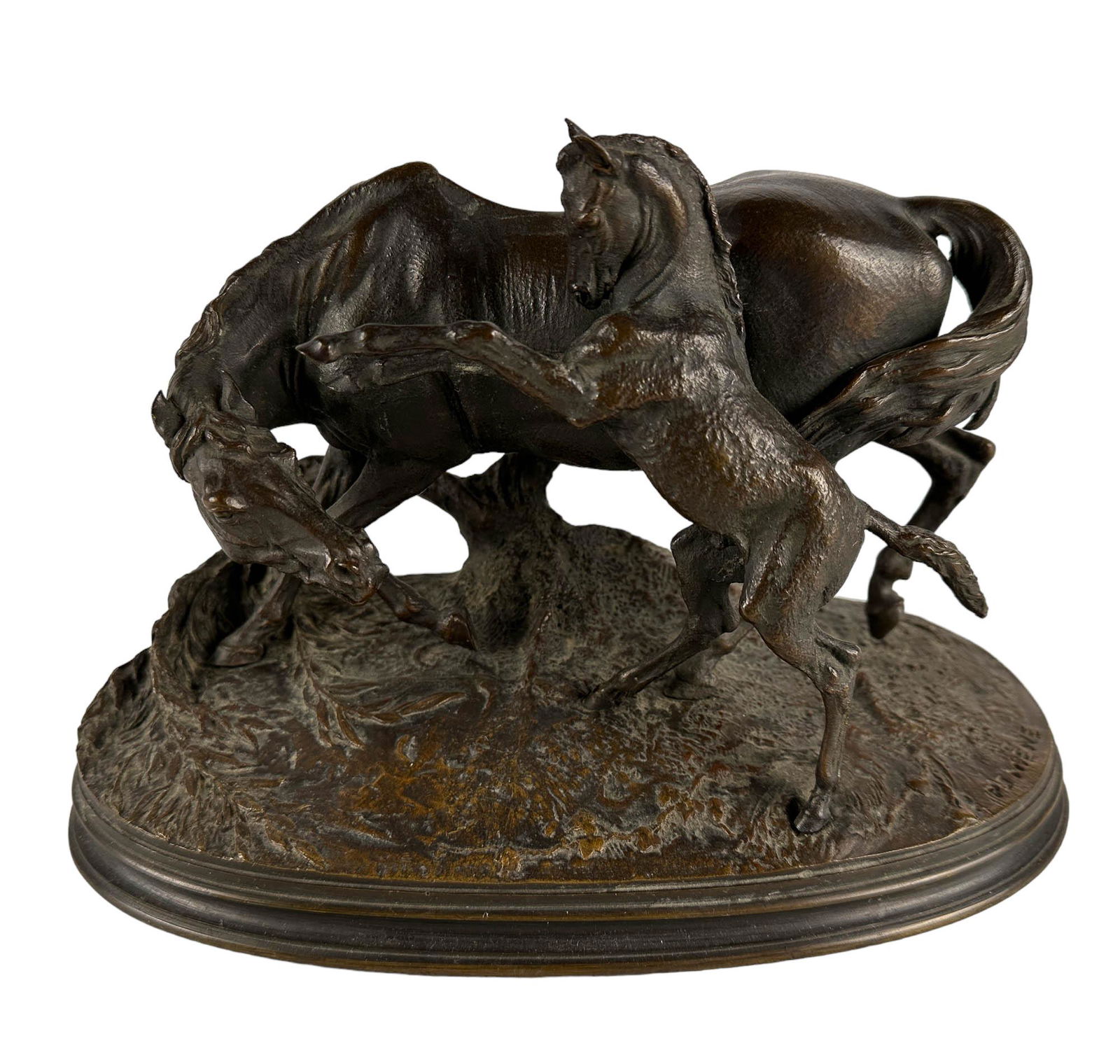 Pierre Jules Mene 1810-1879 Bronze Horse Sculpture: Pierre Jules ( P.J.) Mene ( French, 1810 - 1879 ) Normandy equestrian mare and foal sculpture executed in bronze. Subject matter depicts the loving interaction between a playful foal and its doting mo