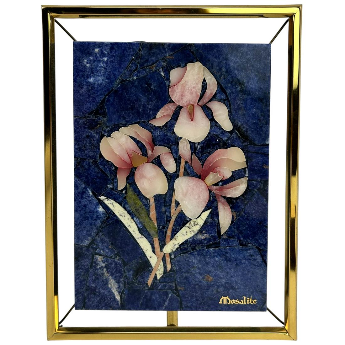 Pietra Dura Inlay Gemstone Pink Iris Flower Plaque (1 of 5)