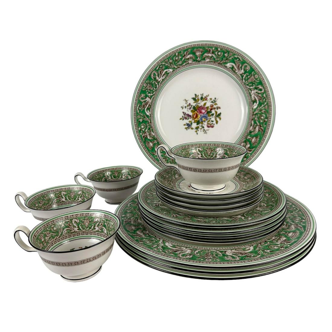 Wedgwood China Florentine Green Flower Basket LOT: Estate lot of a total of 16 Wedgwood England English bone china. Modeled in their Florentine Green ( Flower Basket Center ) pattern. Status : Retired / discontinued. Includes 4 x tea cups, 4 x saucers