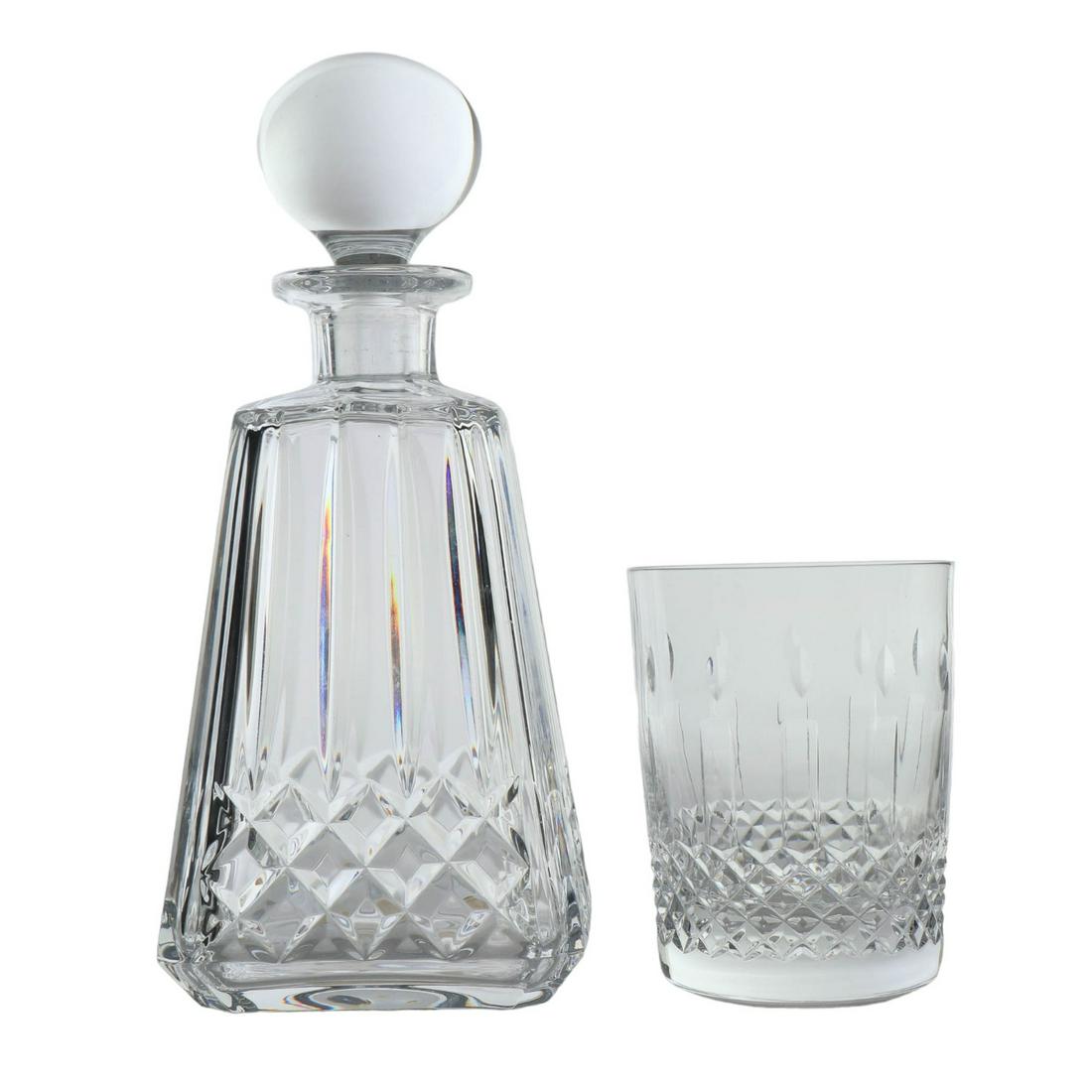 Waterford Lissadel Decanter Irish Lace Tumbler LOT: Estate lot of 2 Waterford Ireland Irish crystal art glass bar barware themed articles. Includes ~ 1 x spirit wine alcohol liquor decanter in the "Lissadel" pattern featuring tall vertical cuts over a 