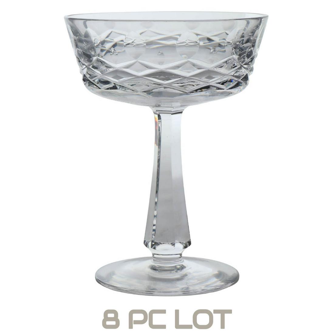 Waterford Irish Crystal Kenmare Champagne Sherbets: Estate collection lot of a total of 8 Waterford Ireland Irish crystal art glass bar barware champagne sherbets. Modeled in their Kenmare pattern. Production years : 1962 - 2017. Design features cut, c