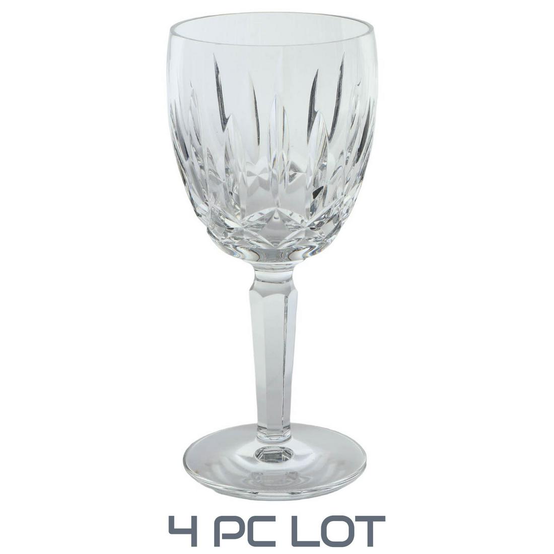 Waterford Crystal Kildare Water Glass Goblets 4pc: Waterford Ireland Irish cut crystal art glass water drinking goblets. Modeled in their Kildare pattern. Production years : 1974 - 2017. Design features vertical cuts over a criss cross bowl. Faceted t