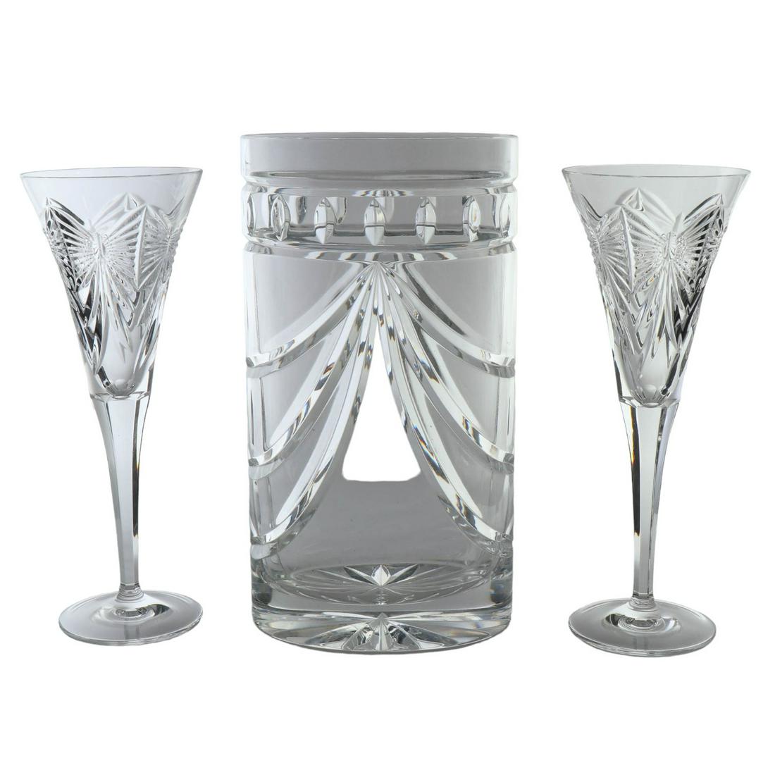 Waterford Overture Vase & 2 x Millennium Flute LOT: Estate collection lot of Waterford Ireland Irish crystal art glass shelf mantle vase and bar barware champagne goblets. Vase modeled in the "Overture" pattern. Production years : 1998 - 2008. 2 x Mill