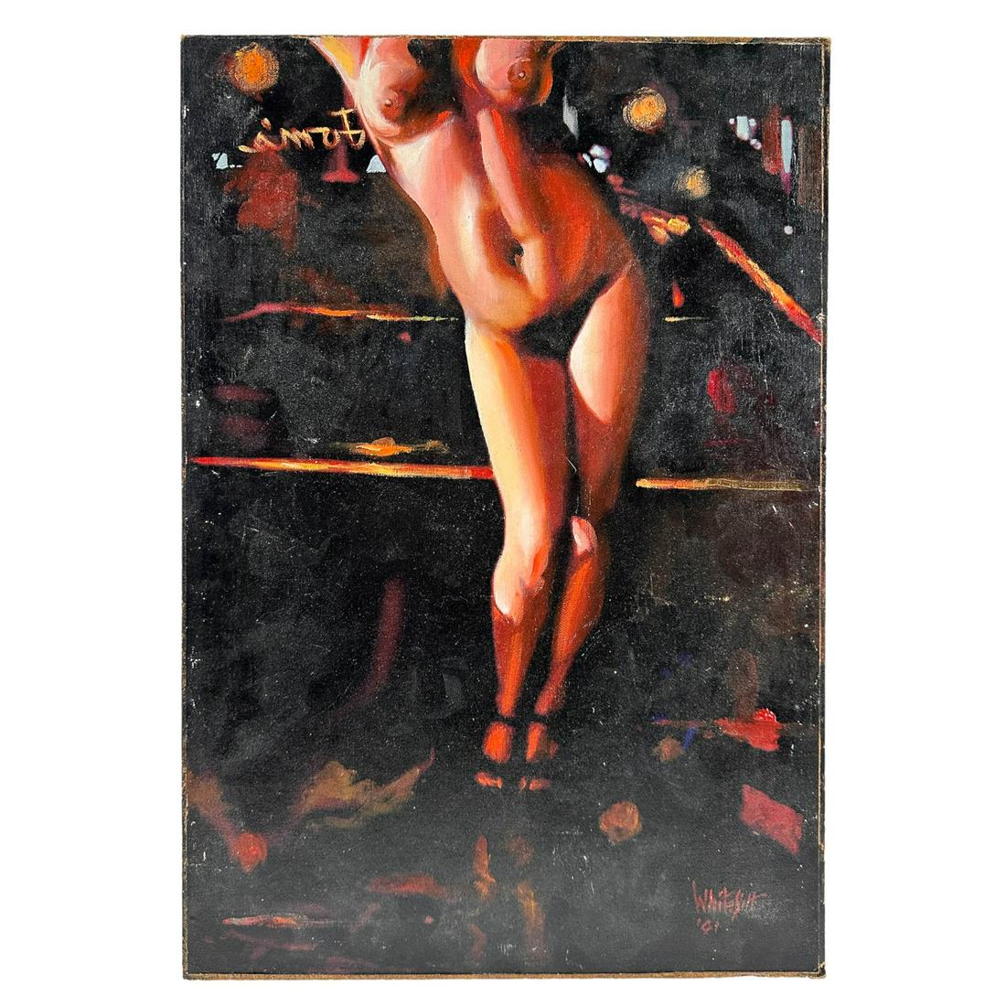 Bob Whitesitt Nude Figural Erotica Oil Painting: Bob Whitesitt ( 20th - 21st century, American ) oil painting on canvas laid down on masonite artist board. Titled "Amy, The Lead Dancer at Tom's Tricity Topless Oyster Bar" on verso. Depicts a figural