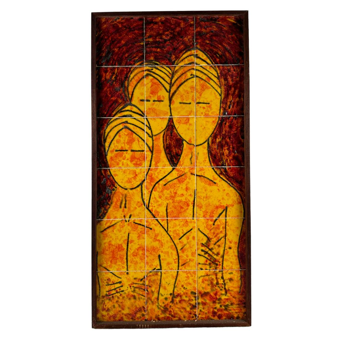 Mid Century Modern Figural Oil Painting on Tile: Oil painting on tile medium depicting 3 figures with a yellow and orange coloration against a red and black ground. No apparent markings. Art presented in a dark colored wooden frame. Dimensions: 36.7