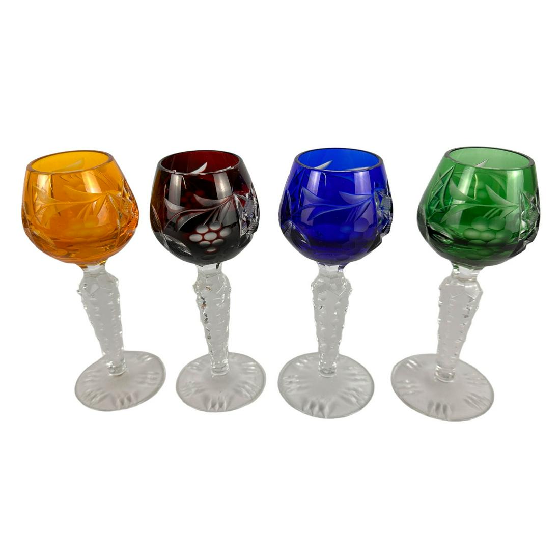 Bohemian Czech Cut Clear Barware Cordial Glass LOT: Set 4 Czech Czechoslovakia crystal art glass bar barware cut to clear cordials liqueur liquor cocktail cordials. Circa 20th century. The cobalt blue, emerald green, cranberry red and orange colored gl