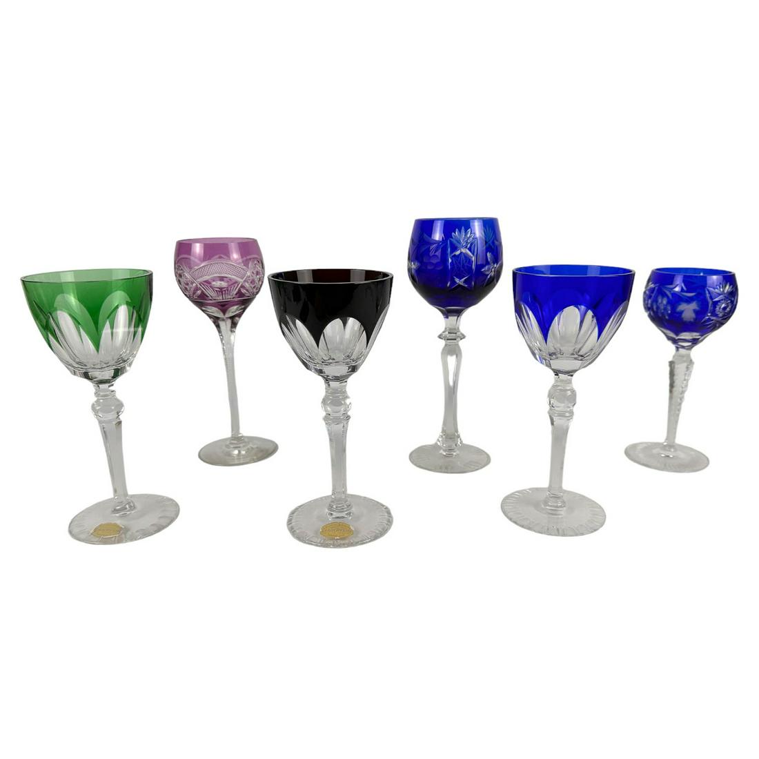 Bohemian Czech Cut Clear Barware Goblet 6pc LOT: Estate collection of a total of 6 ASSORTED makers hand crafted crystal art glass cut to clear wine glass bar goblets. There are 3 with the same pattern and 3 with different patterns. The colored body