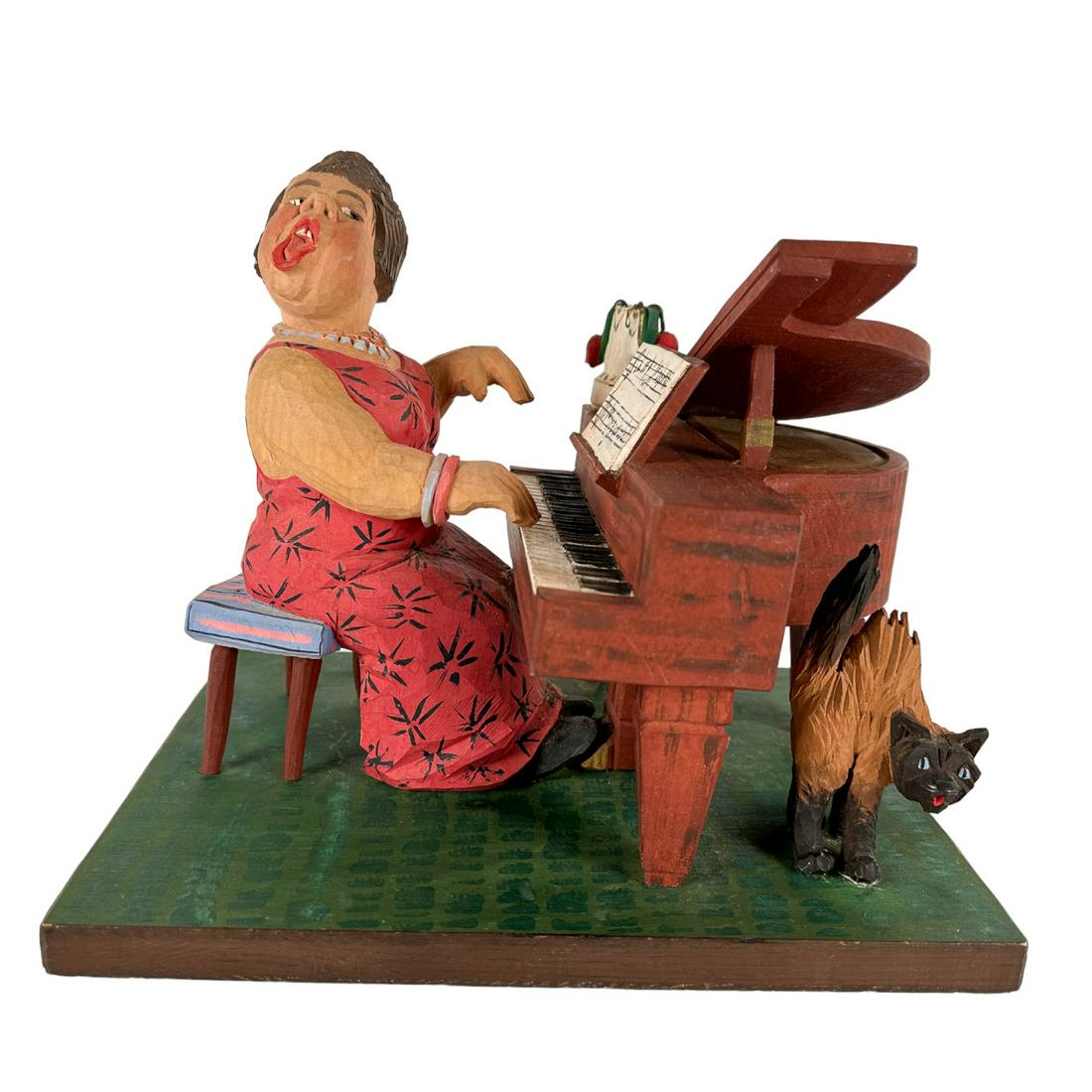 Carl Olof Trygg Fat Lady Piano Cat Wood Sculpture: Carl Olof Trygg ( Swedish, 1910 - 1993 ) ~ one of the well recognized Scandinavian wood carving masters of the 20th century. This folk art style wooden sculpture depicts a seated lady in a red floral 