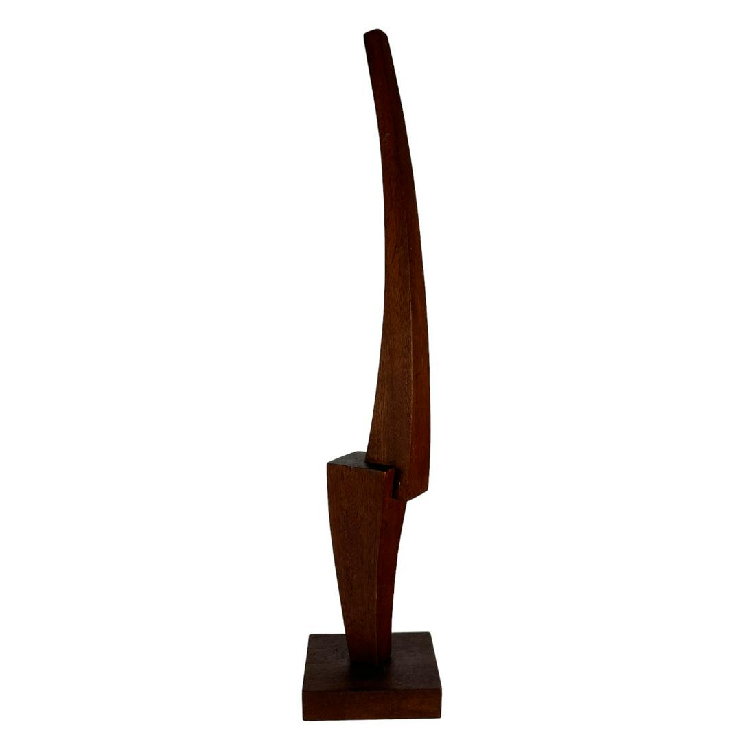 Abstract Modern Wood Step Statue after Jim Agard: An architectural urban art sculpture. Crafted from solid wood. Features a two tier proportional design with a narrow top. Referencing the stepped pyramids of ancient Egypt. No apparent signature. Afte