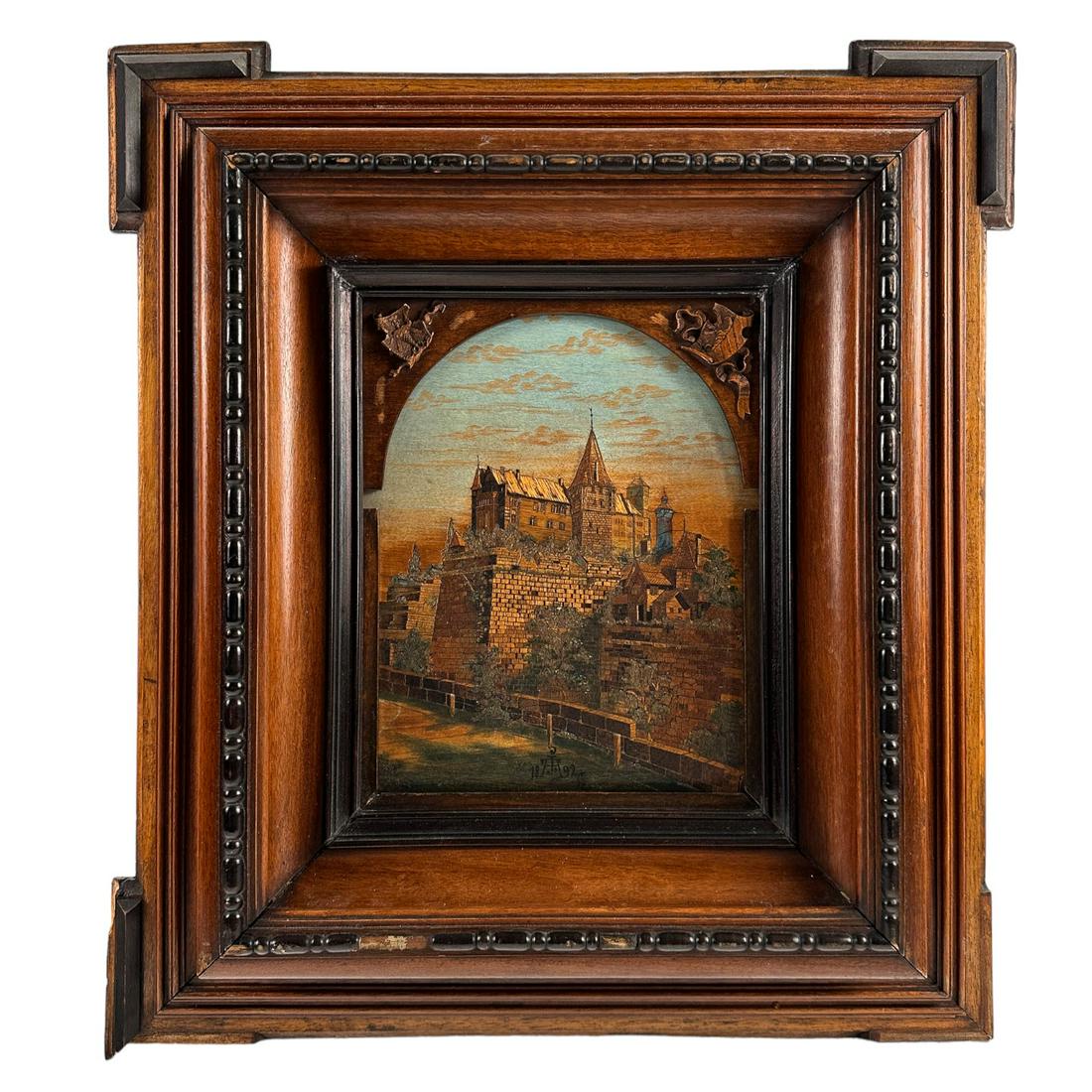 Johann Adelhard 1850-1927 Inlaid Wood Mosaic Art: Johann Adelhard ( German, 1850 - 1927 ). Subject matter features a fine handmade mosaic inlay with variety of veneer woods creating a complex composition depicting the city of Nuremberg in the Bavaria