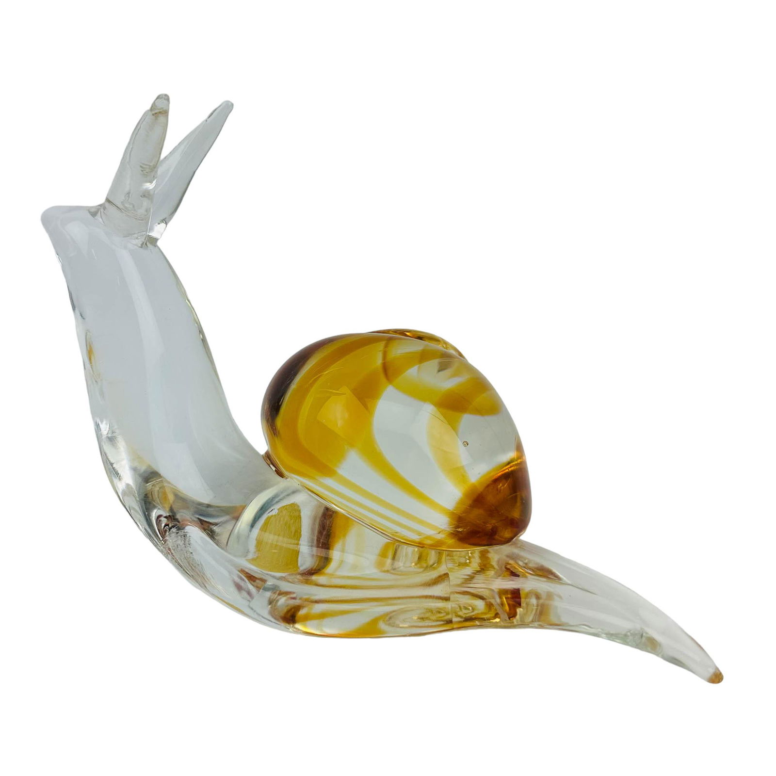 Oggetti Italy Murano Studio Glass Snail Sculpture: 20th century Murano Italy Italian studio hand blown shelf mantle curio cabinet display art glass figurine. Modeled as a snail, the body being colorless, the shell with an internally cased amber brown