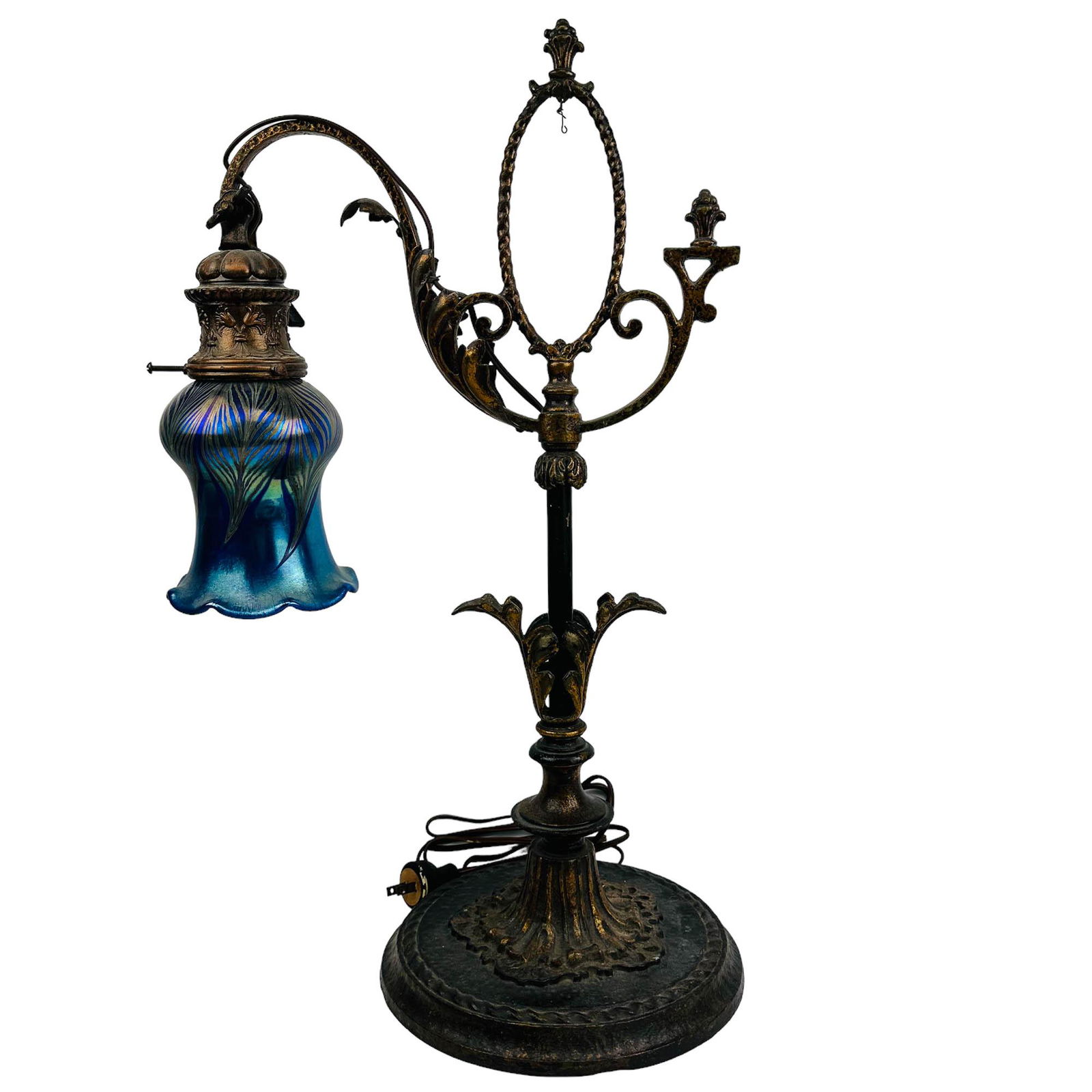 Antique Iron Gooseneck Lamp Pulled Feather Shade (1 of 5)