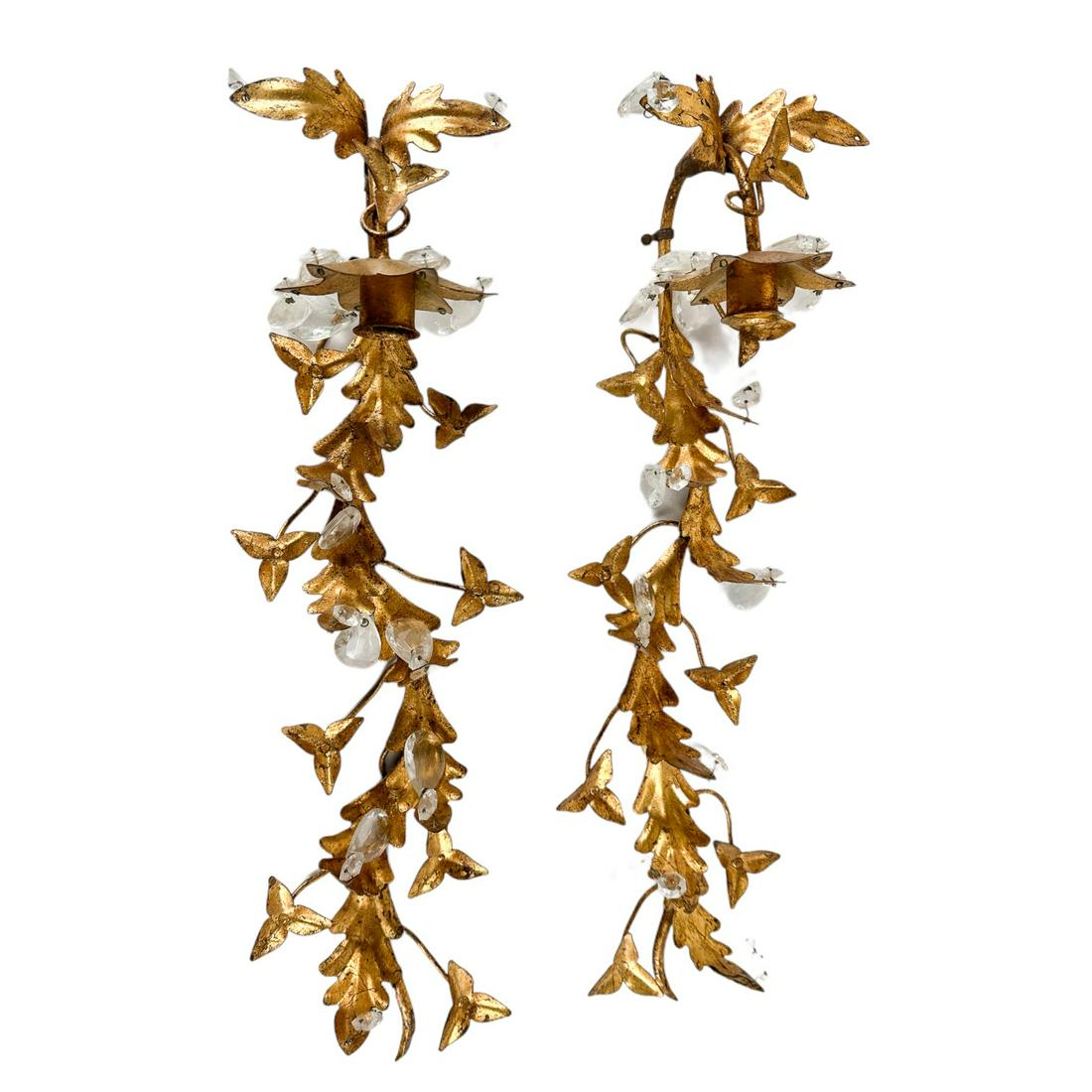Italian Tole Gilt Metal Leaf & Crystal Sconce PAIR (1 of 4)