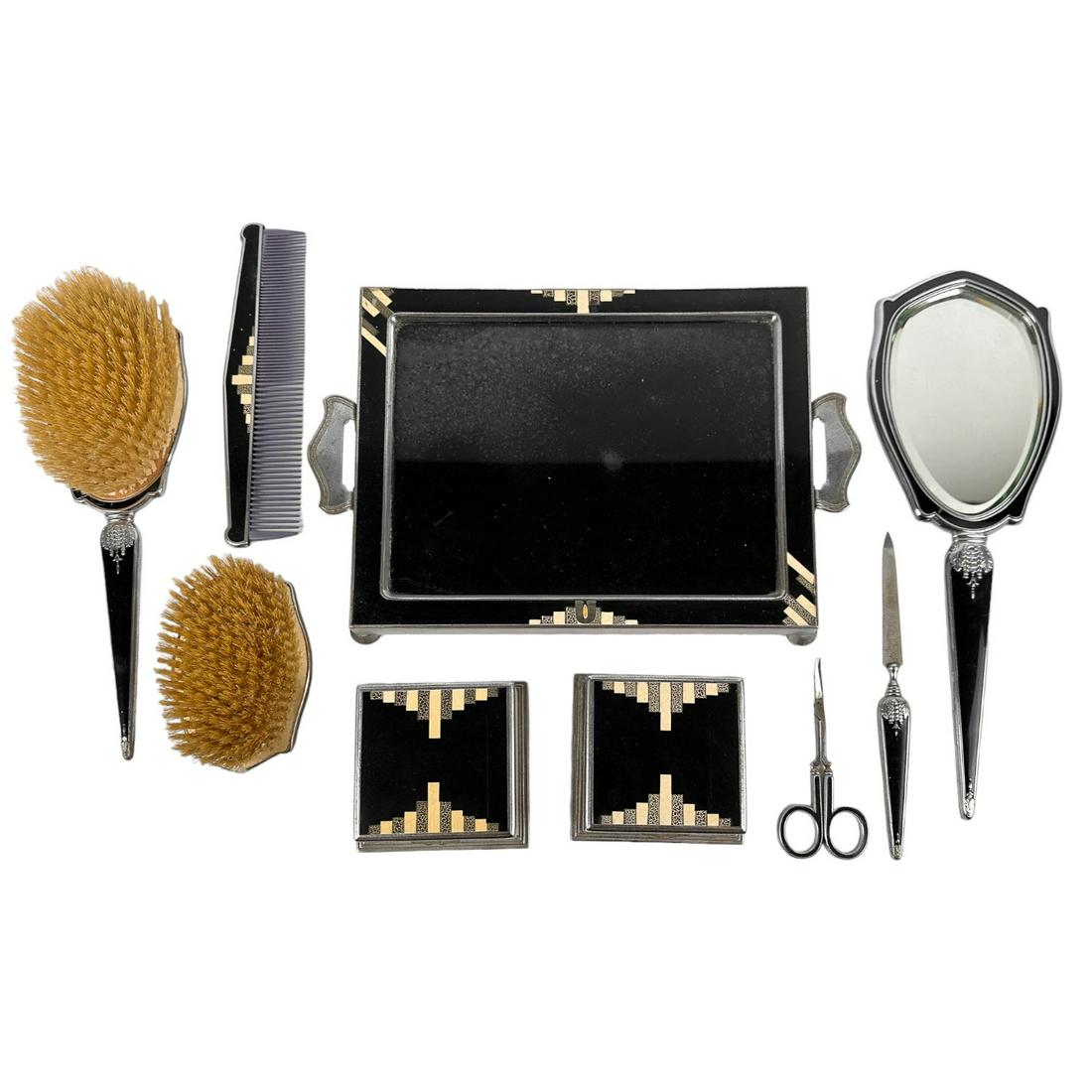 Art Deco Black Yellow Celluloid Vanity Dresser Set (1 of 5)