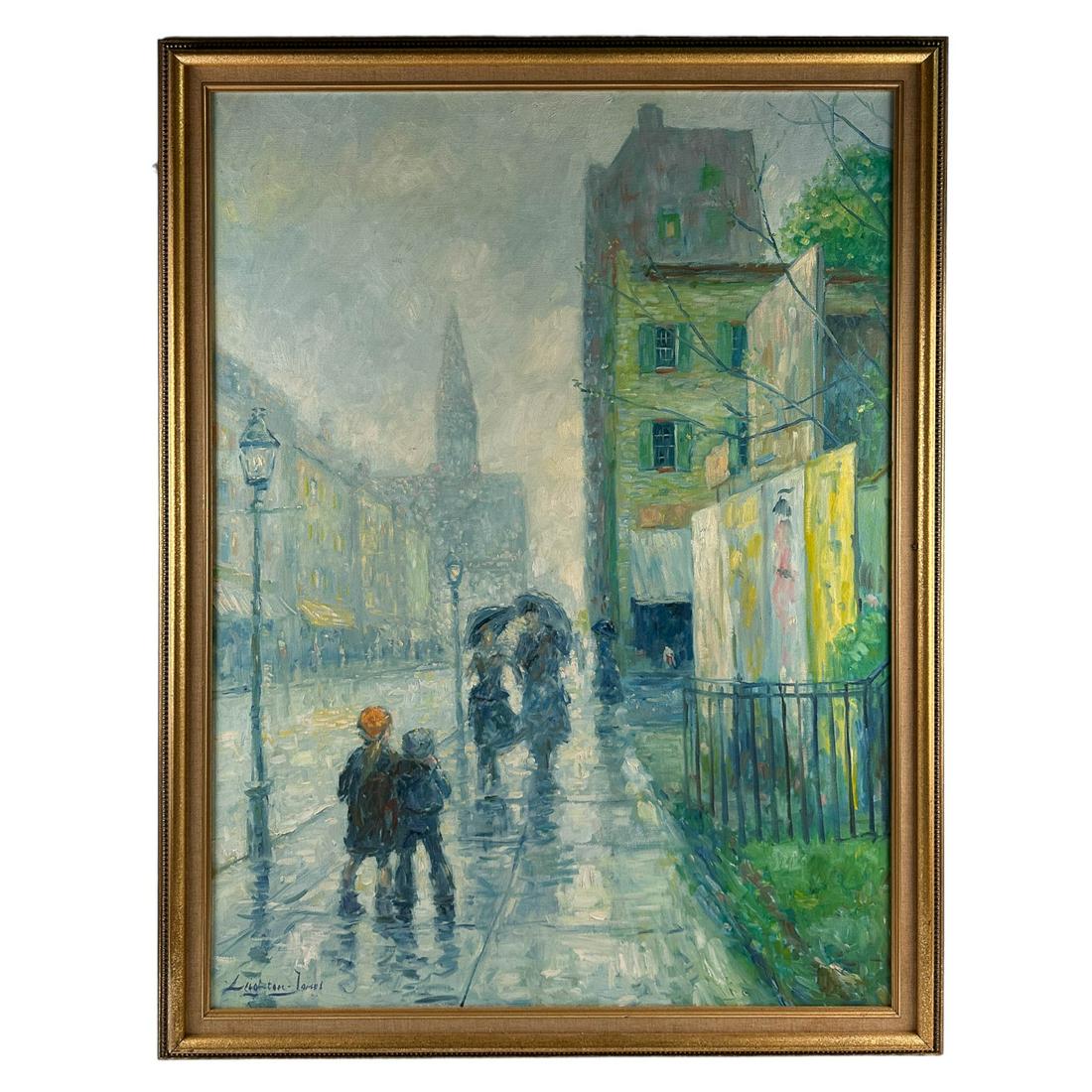 Leighton Jones 1932-2011 Street Scene Oil Painting: Barry Leighton Jones ( United Kingdom, 1932 - 2011 ). Oil on canvas subject matter depicts a figural cityscape street scene with children and adults walking by, big architectural structures in the bac