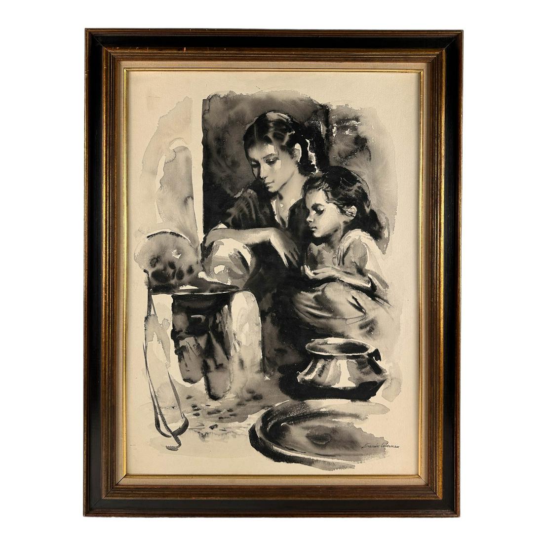 Sandu Liberman 1923-1977 Figural Goauche Painting: Sandu Liberman ( Romanian, 1923 - 1977 ). This goauche painting on paper depicting a mother and daughter in seated pose cooking over an open fire. Signed lower right corner. Art presented in a two ton