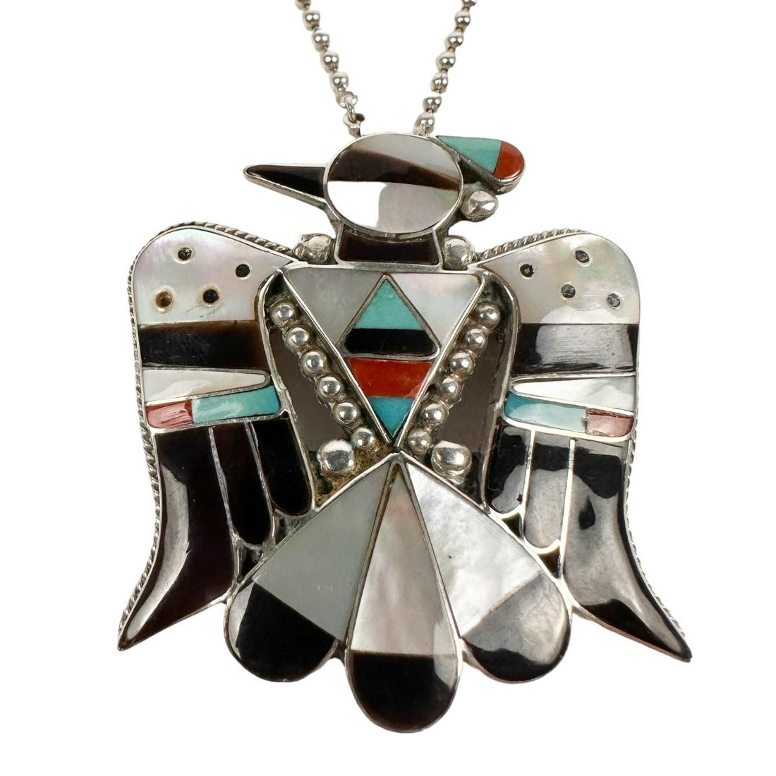 Zuni Sterling & Stone Thunderbird Pendant Necklace (1 of 3)