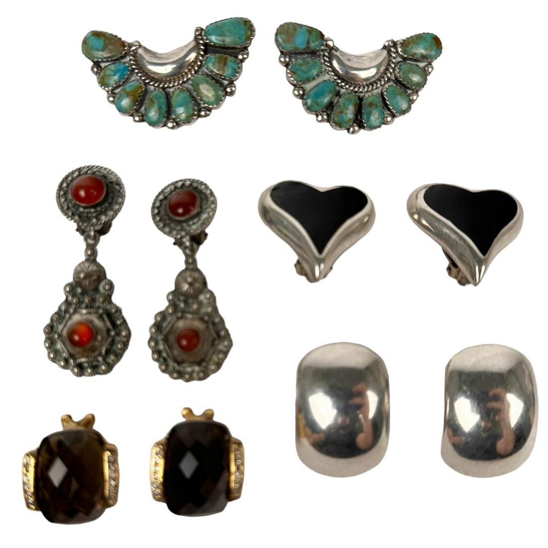 Sterling Turquoise Onyx Smoky Topaz Earrings LOT: Estate collection lot of a total of 5 pairs of ladies jewelry earrings. There are 4 pairs which are embellished with either blue turquoise, carnelian, smoky topaz or black onyx mounted on silver. 3 pa