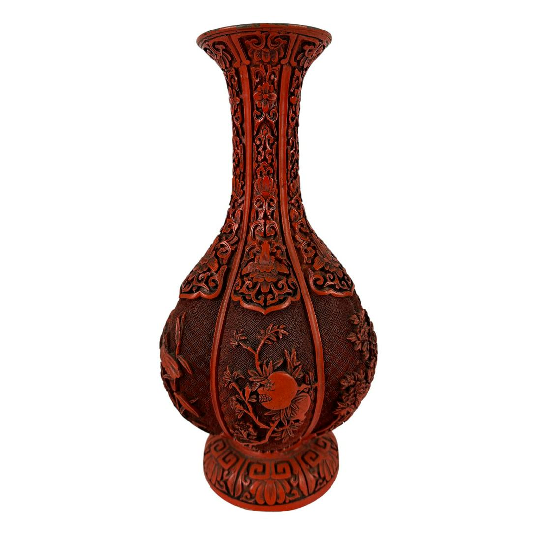 Chinese Carved Cinnabar Floral & Lobed Mantle Vase (1 of 5)