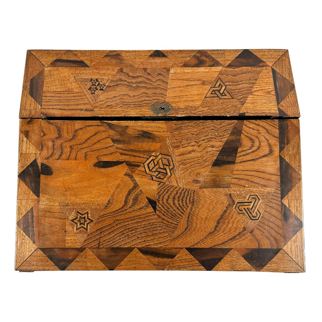 Antique Japanese Inlaid Lacquered Wood Travel Desk: A 19th century Japanese travel writing desk. Features a hinged top with geometric and star inlay designs, which opens to black velvet lined writing platform and black lacquered wood storage compartmen