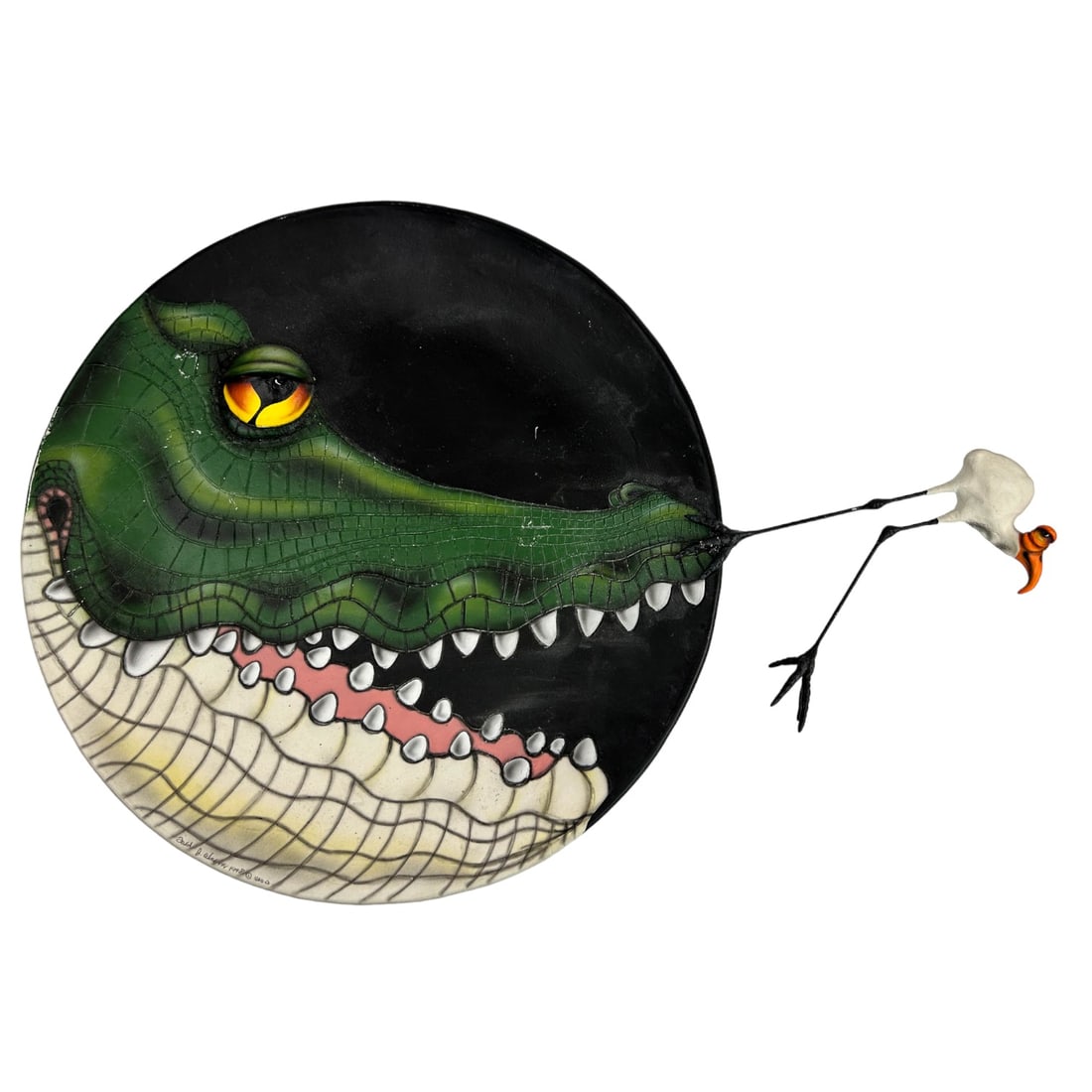 Todd Warner b1945 Gator & Crane Pottery Wall Plate: Todd Warner ( American, born 1945 ) ~ international renowned sculptor known for his whimsical and endearing creations. Titled "My, What Lovely Teeth You Have". This stoneware ceramic plate depicts a a