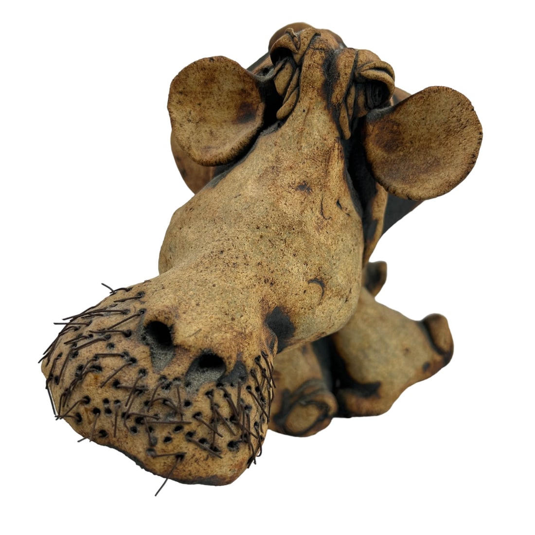 Todd Warner Studio Art Pottery Hippo Sculpture: Todd Warner ( American, born 1945 ). Features this hand crafted semi aquatic African origin large mammal having both light and dark brown tones with applied feet, ears and tail with wire whiskers to t