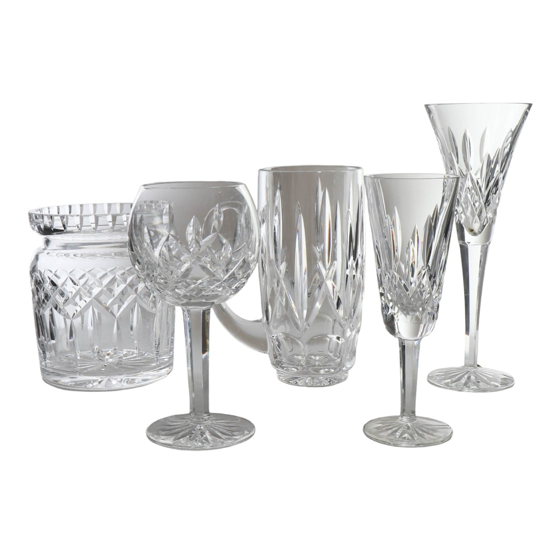 Waterford Irish Crystal Goblet Flute Stein Jar LOT: Estate collection of a total of 5 Waterford Ireland Irish clear cut stemware and glassware. Includes ~ 1 x "Lismore" cookie biscuit barrel jar ( NO lid ). 1 x beer drinking stein mug "Westhampton" pat