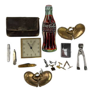 Lighter Cufflinks Tiffany Clock MEN'S ESTATE LOT: Includes ~ Coca Cola pen in coke shaped tin from 1996. 1 x Angelus Tiffany & Co wind up desk alarm clock with leather case. 1 x Zippo lighter (monogrammed MCS). 1 x gold tone over metal Pre Columbian