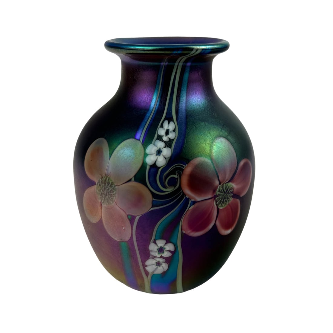 Orient & Flume Iridescent Floral Studio Glass Vase: Late 20th century hand blown art glass shelf mantle curio cabinet display vase from Orient and Flume ~ founded in 1972, in California. Known to be one of the great contemporary American glass studios.