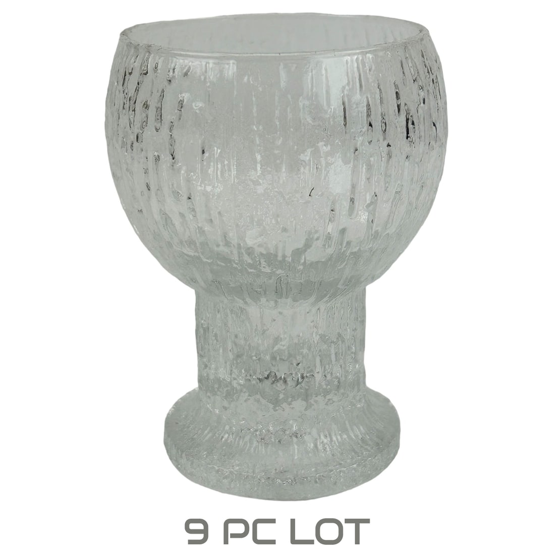 Iittala Timo Sarpaneva Kekkerit Sherry Glasses 9pc: 9 x Mid century modern MCM bar barware Scandinavian sherry / port wine glasses glassware articles manufactured by Iittala, Finland. Modeled in their "Kekkerit" pattern which is now retired / discontin