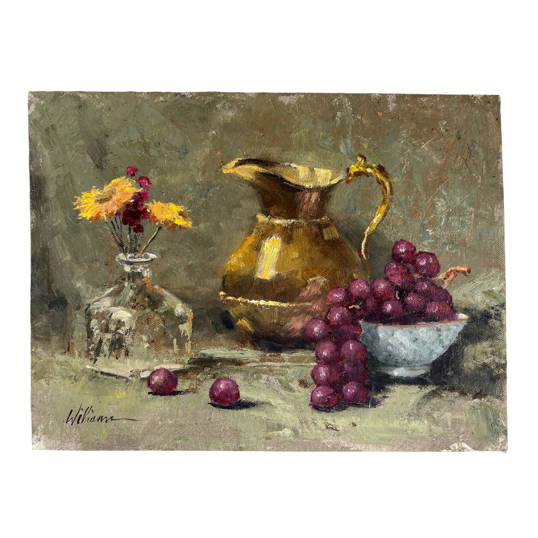 Jonathon Williams 20C Still Life Wine Jug Painting: Jonathon Williams 20th century. An oil painting on board. A flower and grapes still life work, depicting a glass bottle with wild flowers, a white bowl with a cluster of purple grapes, and a brass han
