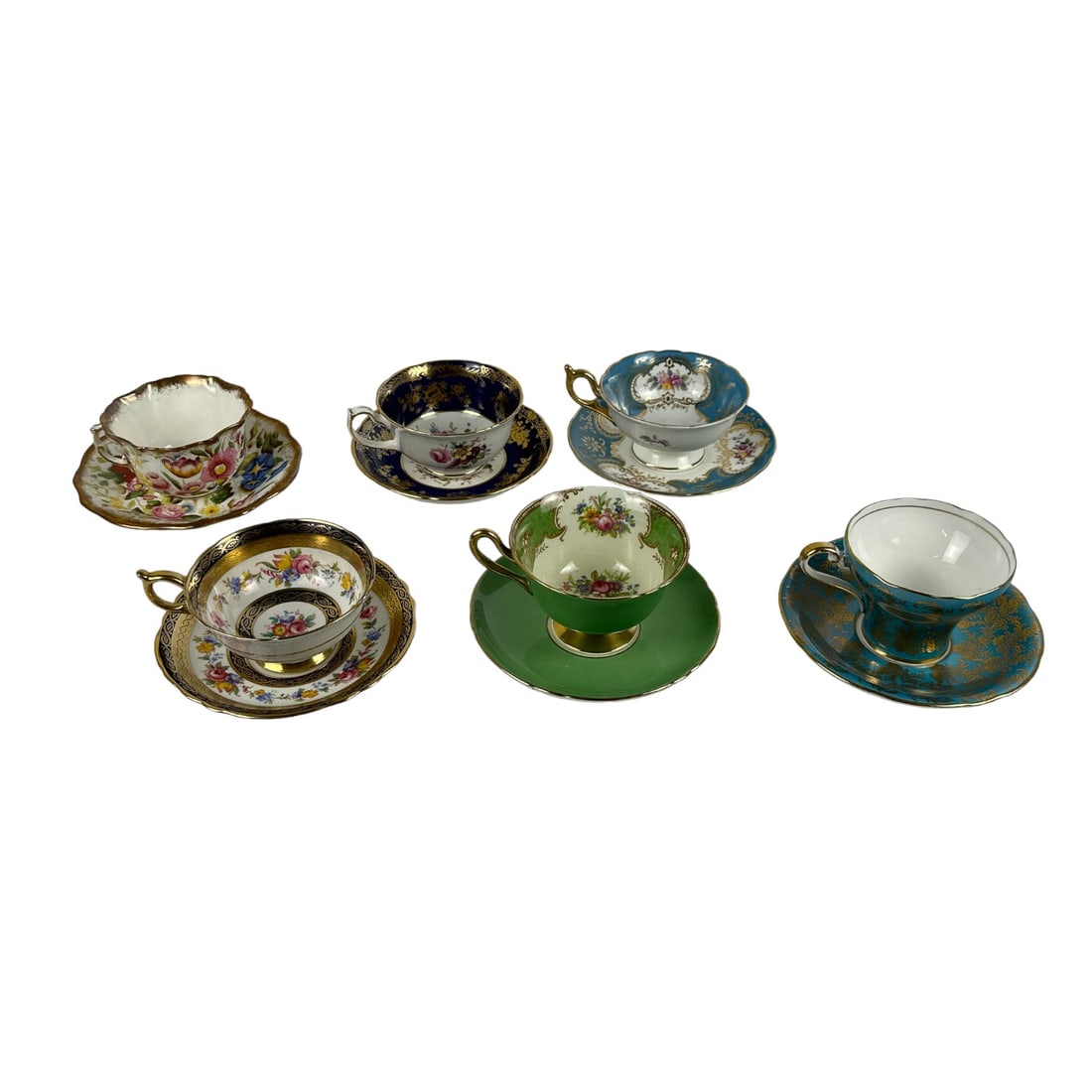 Aynsley Coalport Paragon Shelley Teacup Saucer LOT: Estate collection lot of a total of 6 English bone china curio cabinet display tea cup and saucers. Names include Paragon, Hammersley, Aynsley, Coalport and Shelley. All decorated with floral arrangem