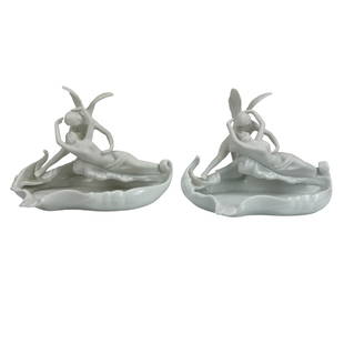 Psyche Cupid The Kiss Porcelain Figural Dish LOT: Mythological fantasy neoclassical subject matter featuring Psyche being revived by Cupid's kiss. The original sculpture was modeled by Antonio Canova in the late 18th century, in Italy and was modeled