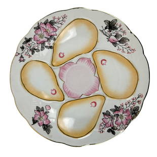 Nippon Porcelain Floral Shell Seafood Oyster Plate: 20th century Japan Japanese hand painted porcelain curio cabinet display article. Design on this plate features 4 separate oval wells around, the flower shaped center for dipping sauce, the remainder