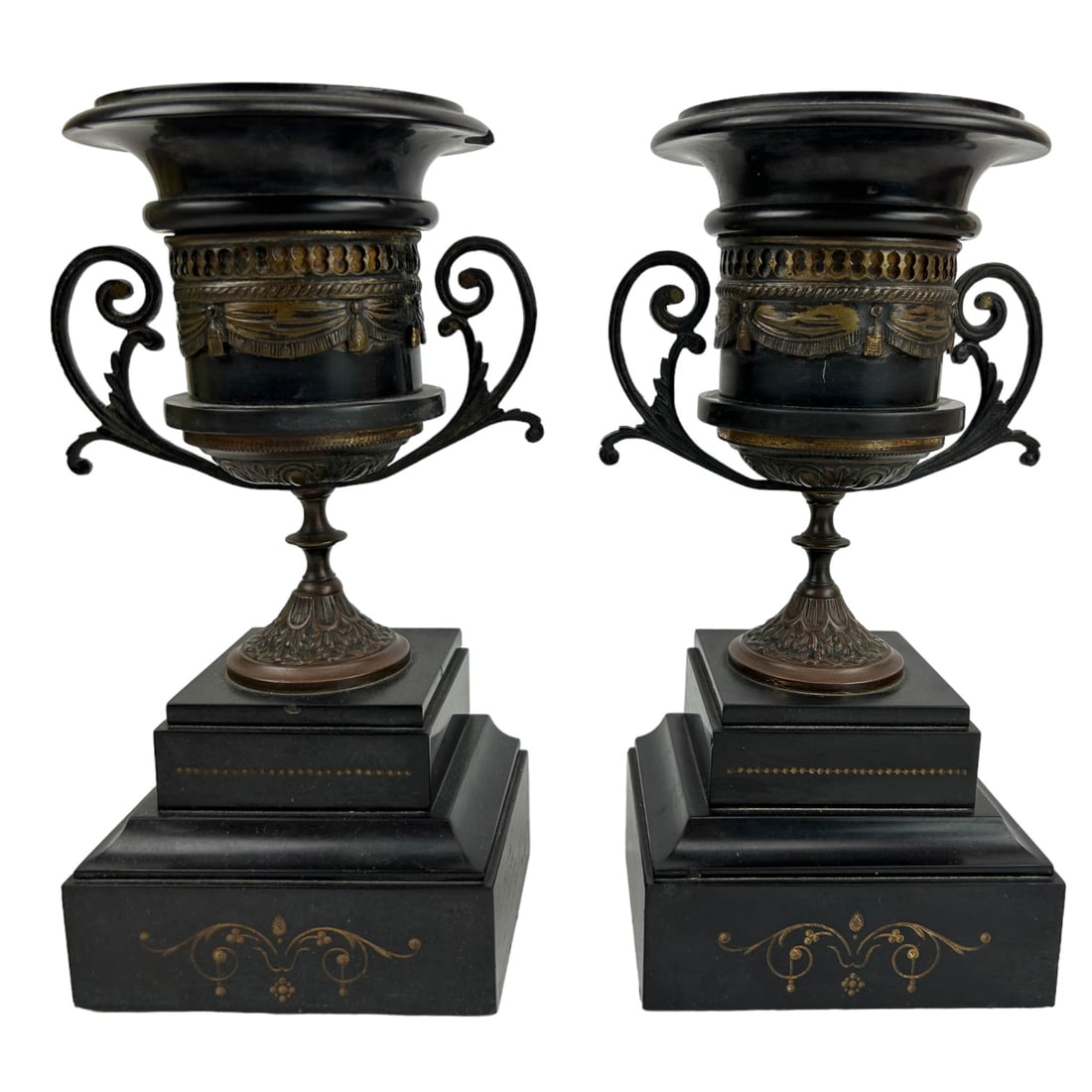 French PAIR Bronze & Black Marble Shelf Mantle Urn (1 of 3)