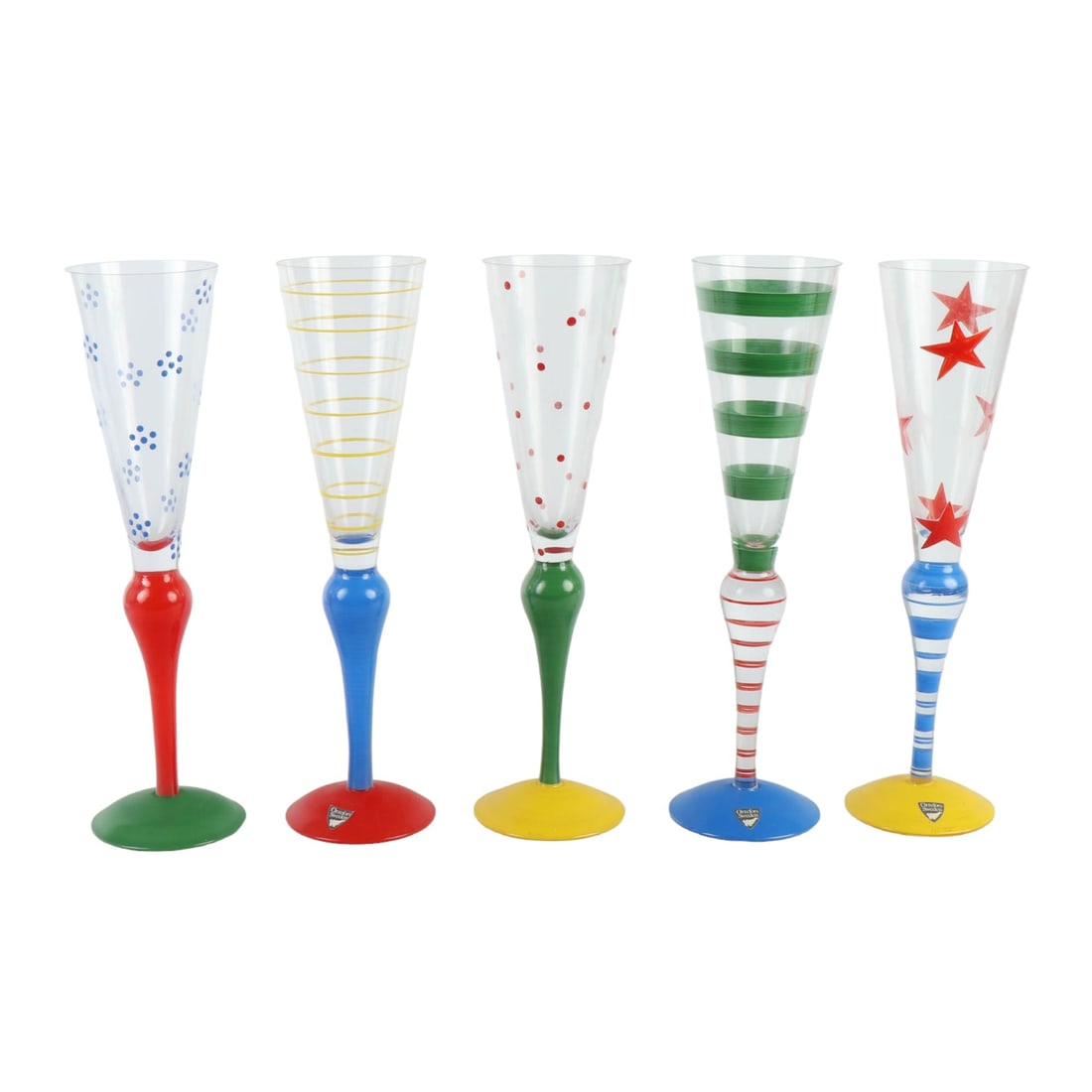 Orrefors Crystal Clown Barware Champagne Flute 5pc: Estate collection lot of a total of 5 Orrefors Sweden Swedish art glass bar champagne toasting flutes. Designer : Anne Nilsson ( Swedish, born 1953 ). Production years : 1993 - 2006. Each article grac
