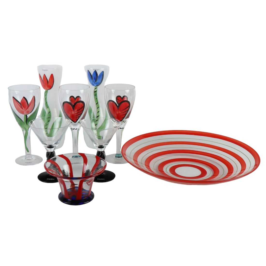 Kosta Boda Ulrica Hydman Vallien Glass & Vase LOT: Estate collection lot of Orrefors Sweden Swedish art glass stemware, vases and a chip and dip bowl. Includes ~ 2 x wine goblets ~ Hearts pattern ( 1995 - 2010 ). 1 x wine goblet ~ Tulipa pattern. 2 x