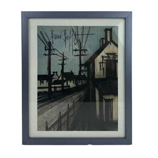 Bernard Buffet (1928-1999) Signed Lithograph: Bernard Buffet ( French, 1928 - 1999 ). Known for his abstract figural painting, engraving and printmaking design. Titled Village Road. Signed in the plate. COA on verso. Work Size: 13.75 x 11.25 in.D