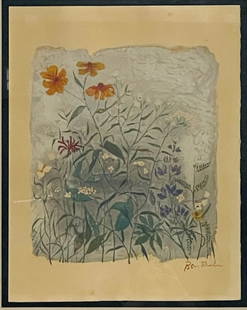 Ben Shahn (American, 1898-1969) Signed Lithograph: Ben Shahn (New York, 1898-1969) Lithograph on hand made Richard de Bas paper. Hand signed in watercolor. Titled: The Gestures Of The Little Flowers. From the Rilke Portfolio. Sheet measures 22.5" x