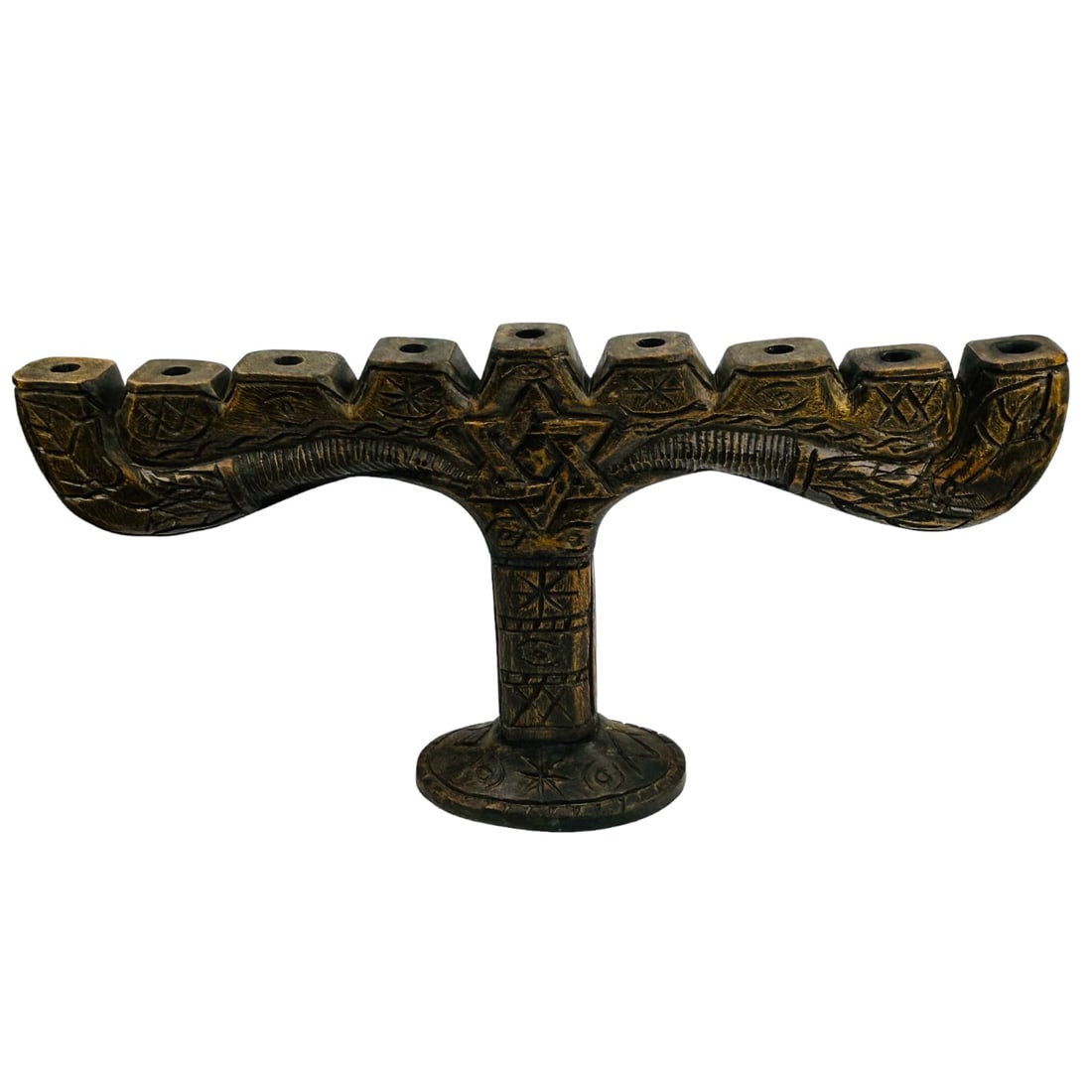 Jewish Judaica 27" Hand Carved Wood Menorah SIGNED: Generously large wooden candle holder with a Judaica theme memorabilia. Prominently features the Star of David in the center in raised relief, on opposite side, with carved decorative elements below e