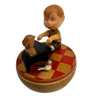 Anri Italy Schroder Peanuts Reuge Swiss Music Box: Mid 20th century Italy Italian hand carved wood wooden musical box. Depicts Schroeder the fictional character from the comic strip Peanuts created by Charles Schulz, playing his piano, under the watch