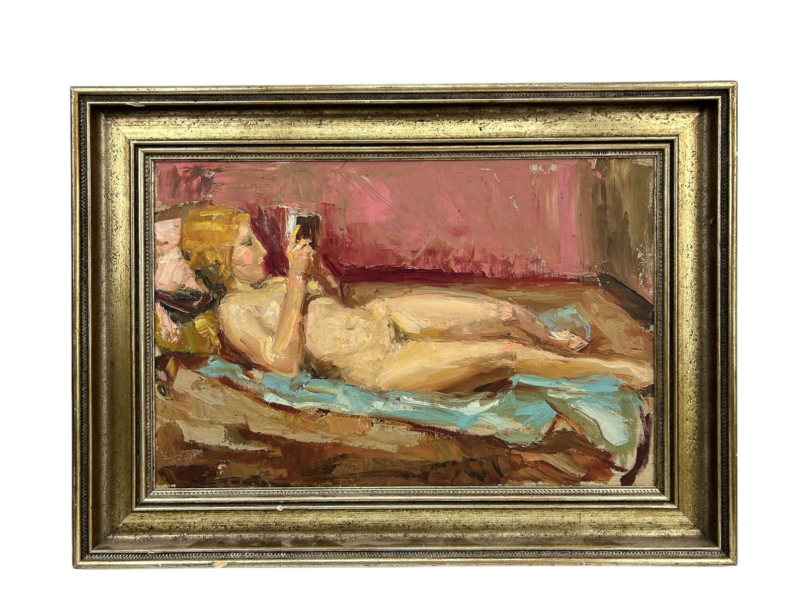 Antique Impressionist Reclining Nude Oil Painting: Subject matter depicts a blonde hair reclining nude reading a book. Signed ~ Senn '31 ? on verso. Art presented in a dull silver colored wood frame. Work Size: 11.5 x 17.5 in.Dimensions: 16.25 X 2