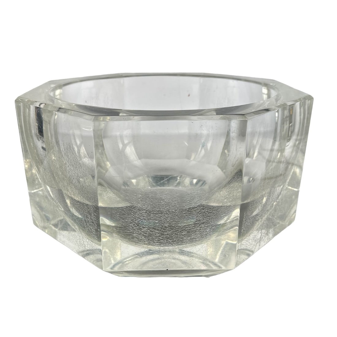 Mid 20th Century Large Lucite Octagonal Fruit Bowl: An oversized eight-sided lucite bowl. A unique piece of acrylic modern design. Evenly spaced sides with beveled edge and angled eight-sided foot.Dimensions: 8.25 X 13 X 13 in. Condition: Fair ove