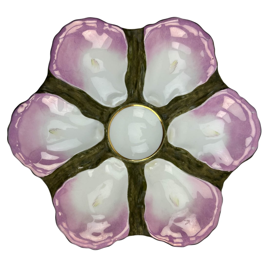 Ginori Italy 6 Well Porcelain Oyster Seafood Plate: 20th century handcrafted and hand painted seafood serving oyster plate. Graced with 6 reservoir wells and a round center dipping sauce well. Glazed finish with a scalloped rim. Signed ~ stamped Ginori