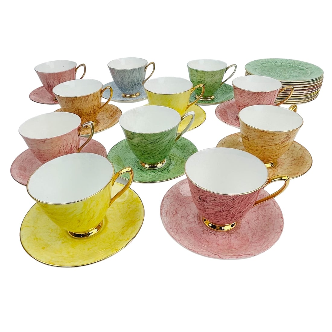 Royal Albert Gossamer Cup Saucer & Plate 33pc LOT: Estate lot of a total of 33 pieces of Royal Albert England English bone china tea cups, saucers and matching bread and butter plates. Trio sets. Pattern : Gossamer Yellow, Gossamer Pink, Gossamer Butt