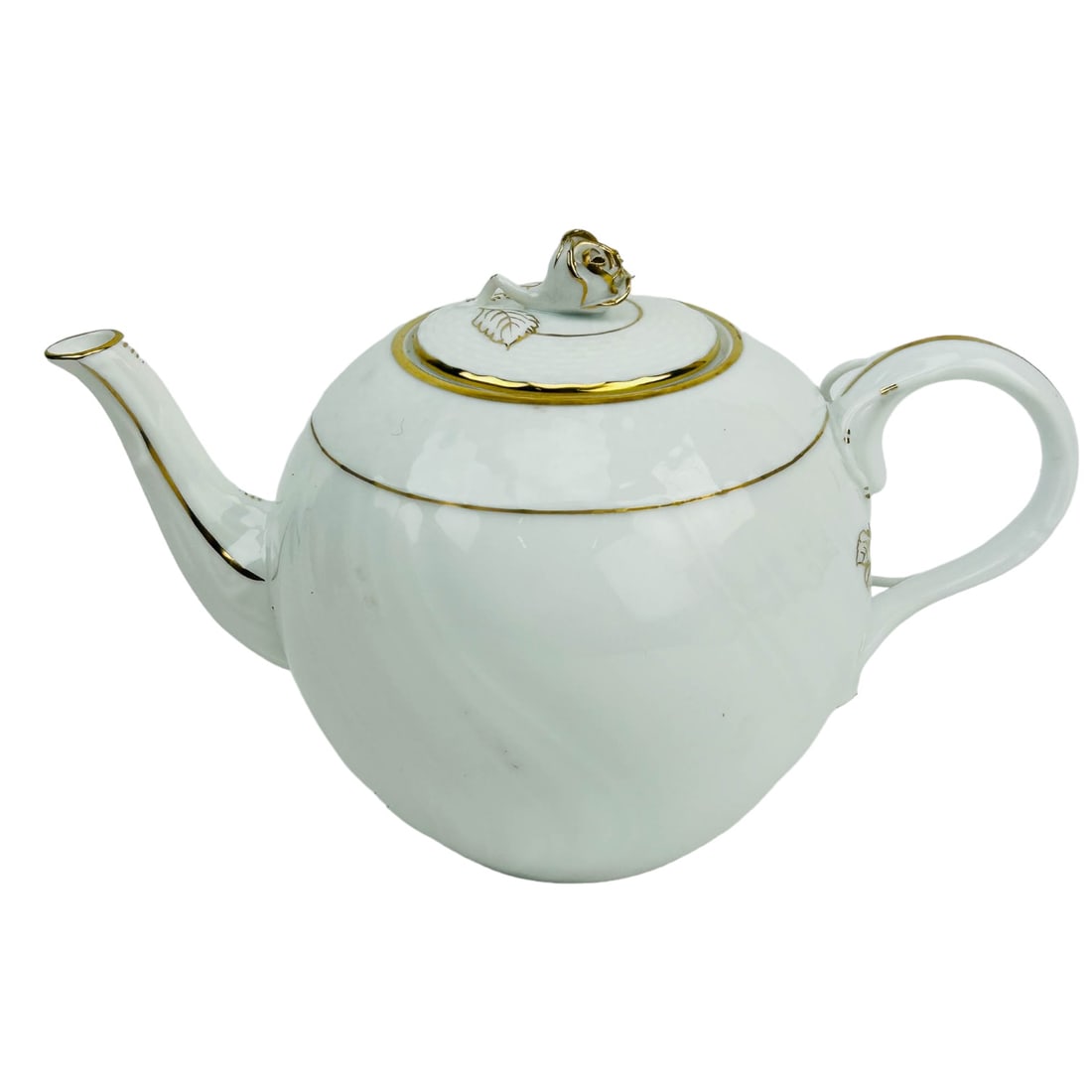 Herend Hungary Golden Edge Porcelain Teapot w Lid: Retired Hungarian porcelain lidded teapot by Herend, Hungary. Modeled in their Golden Edge pattern. Design features a slanted ribbed pattern on the body, with basket weave design atop. A 3 dimensional